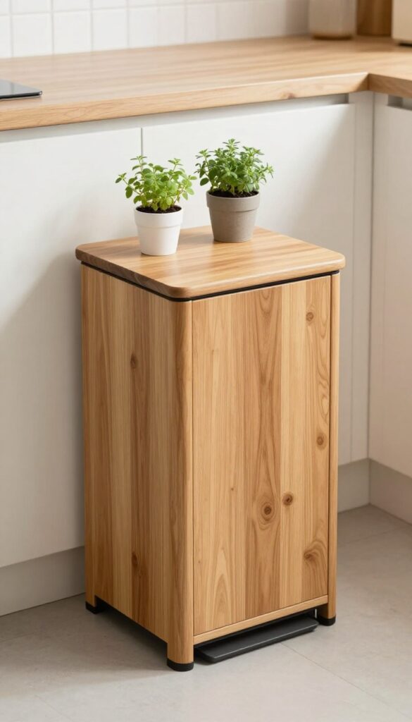 A slim rectangular step trash can with a wooden lid acting as a countertop for a small potted herb in a bright, cozy kitchen.