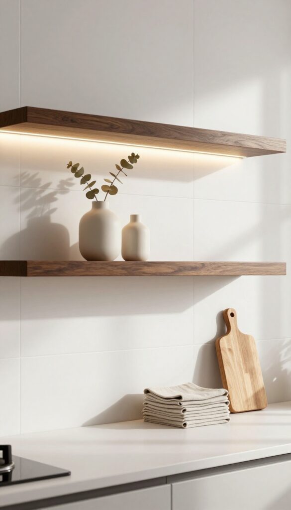 Floating shelf with integrated LED lighting in a kitchen