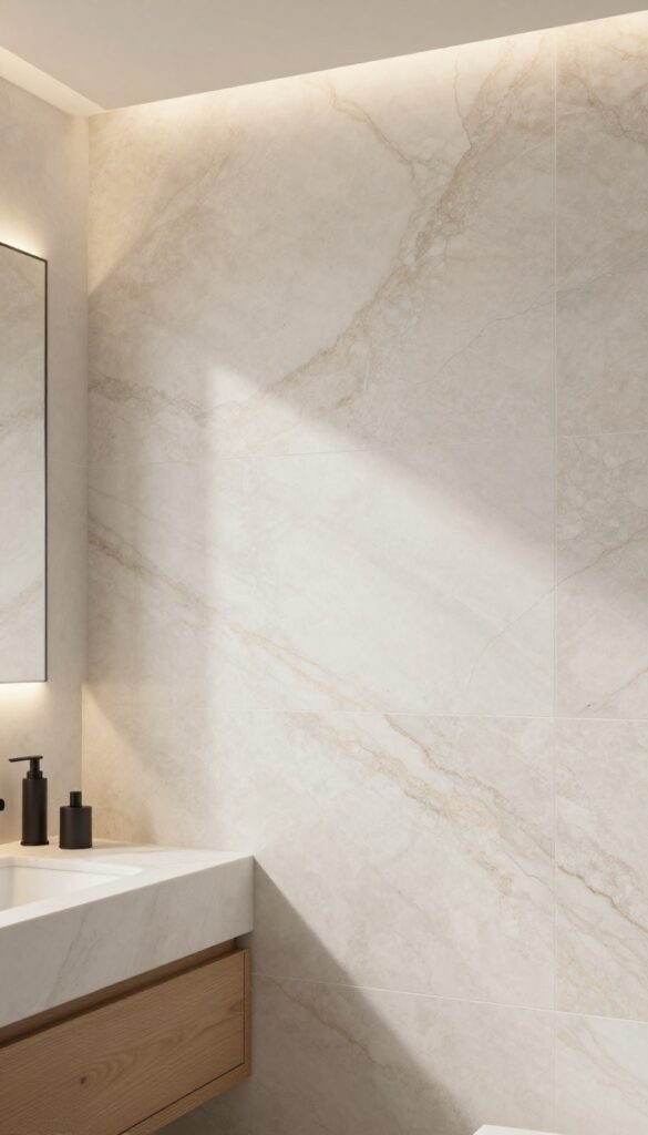 A shower backsplash made of natural stone with earthy tones and subtle patterns in a bright bathroom setting with minimalist decor.