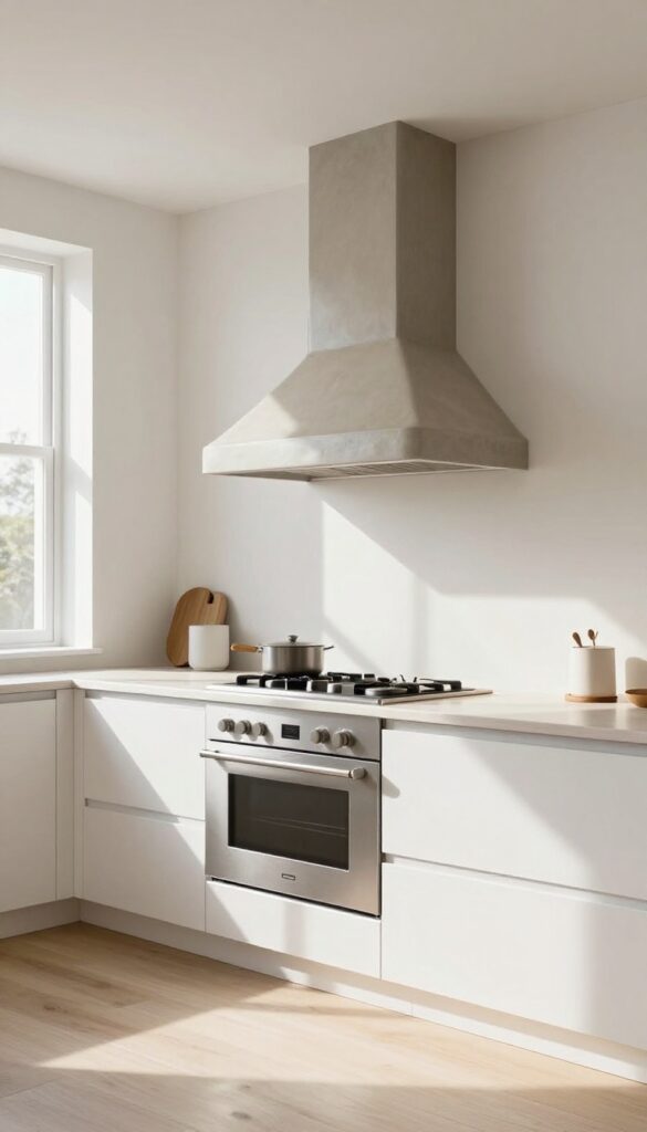 Light kitchen with sculptural taupe plaster range hood as focal point