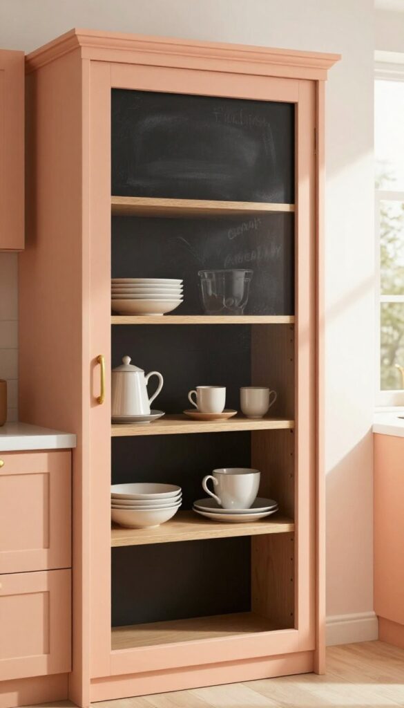 Peach pantry door with chalkboard front in a bright kitchen