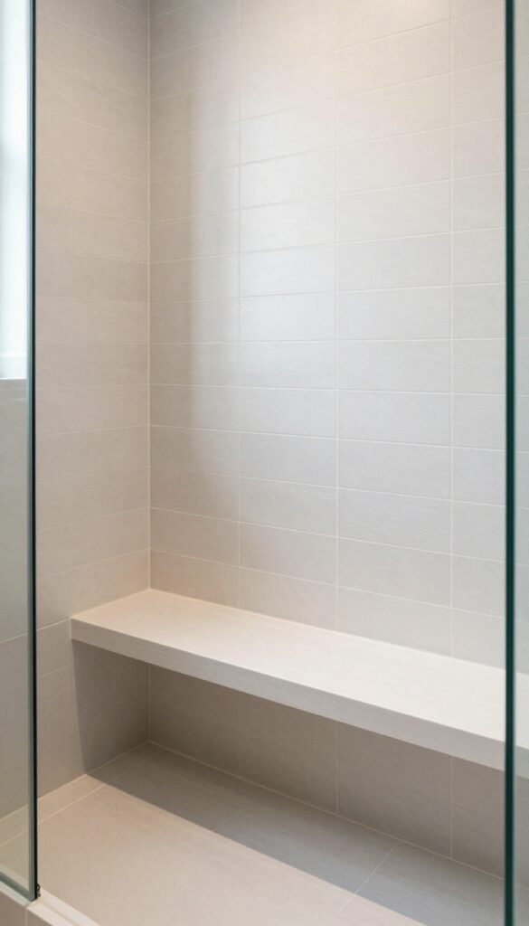 A tiled bench integrated into a walk-in shower for comfort and style, featuring seamless tile design and natural lighting