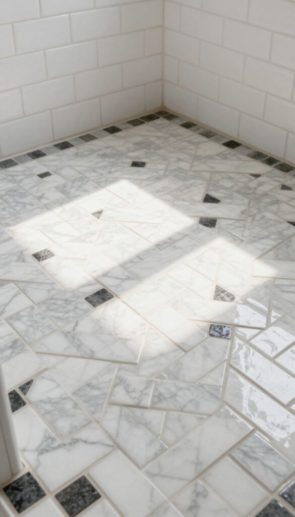 Basketweave pattern shower floor with white marble and charcoal stone tiles