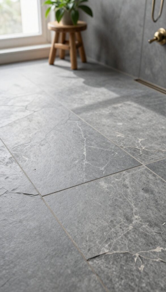 Slate tile shower floor with natural texture, charcoal gray tiles, wood stool and plant in background