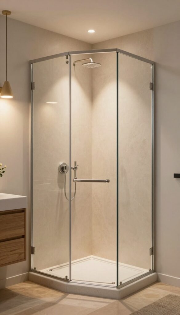 Corner glass shower with textured panels and soft lighting in a small bathroom, designed to make the space feel larger and more relaxing.