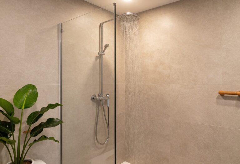 Modern bathroom with rainfall shower, warm earth tones, textured tiles, wood accents, and soft lighting for a cozy decor style.