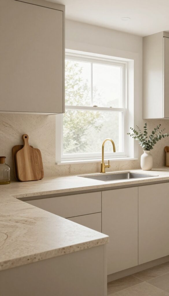Modern beige kitchen with natural stone countertops, soft lighting, and minimalist decor.