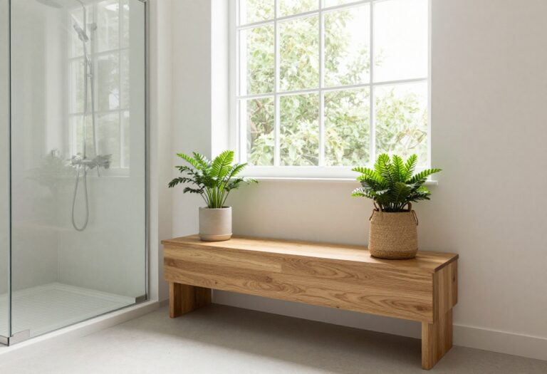 Modern bathroom with a built-in teak shower bench, natural light, and green plants, creating a serene and stylish home decor setting.