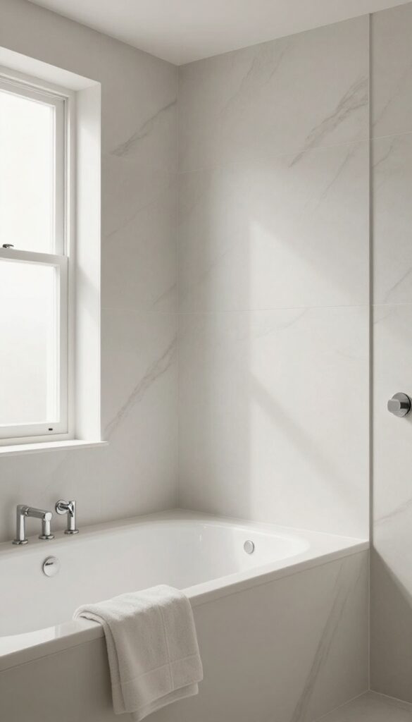 A bathroom with upgraded waterproof wall panels in a marble-look finish around the bathtub and shower, creating a clean, modern look with natural lighting.