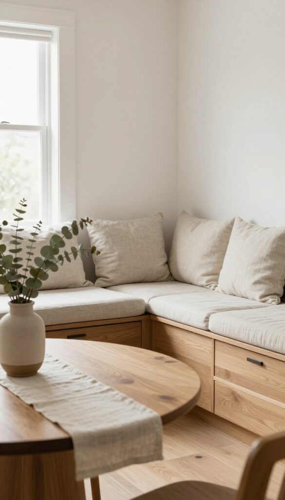 Cozy kitchen banquette with round table and natural light