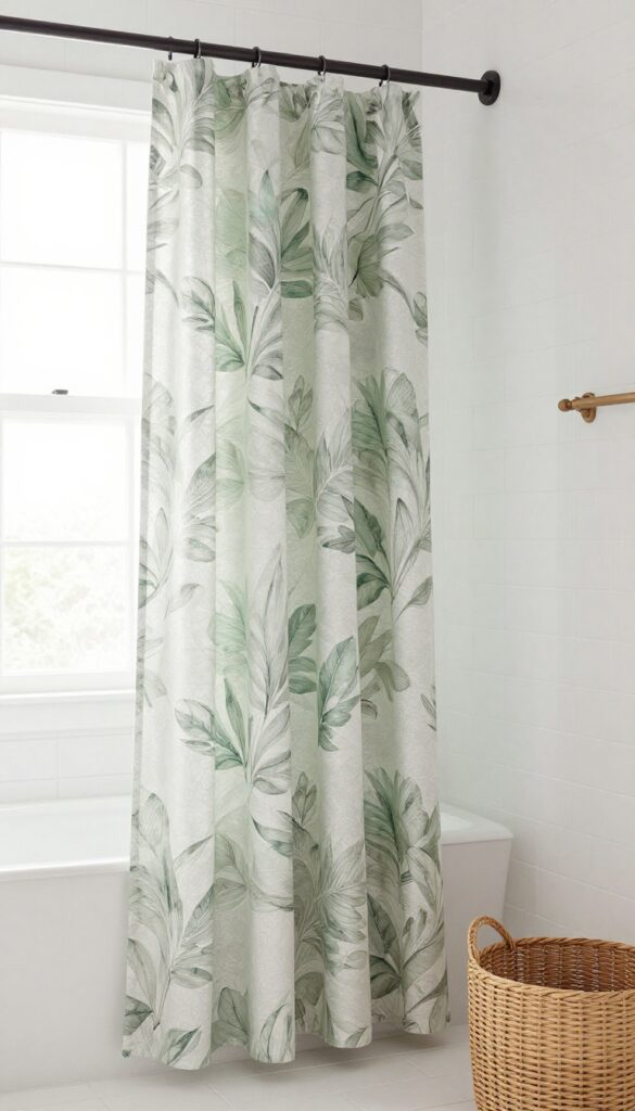 A tall shower curtain with a subtle botanical print in a bright, clean bathroom with natural light and minimal decor.