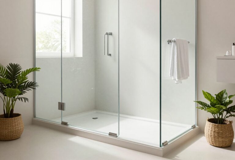 Modern bathroom with a frameless glass shower threshold, showcasing a clean, airy design with natural light and stylish decor elements.
