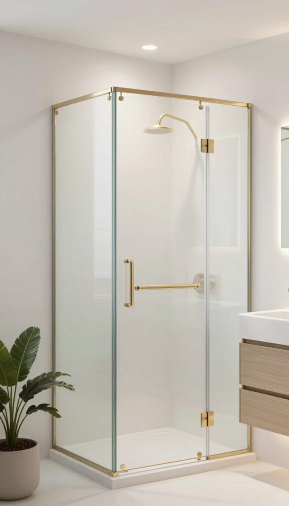 A modern bathroom featuring a frosted glass shower enclosure that diffuses natural light for privacy and an airy feel, with brushed brass hardware and potted plants in a clean, bright setting.