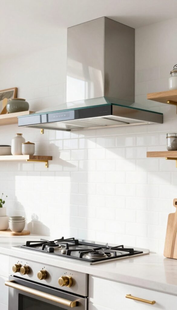Glass canopy range hood in a bright modern kitchen with wooden shelves and brass fixtures