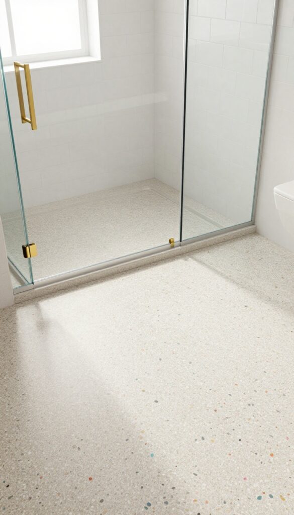 Terrazzo shower floor with speckled charm in a bright bathroom with white tiles and gold fixtures.