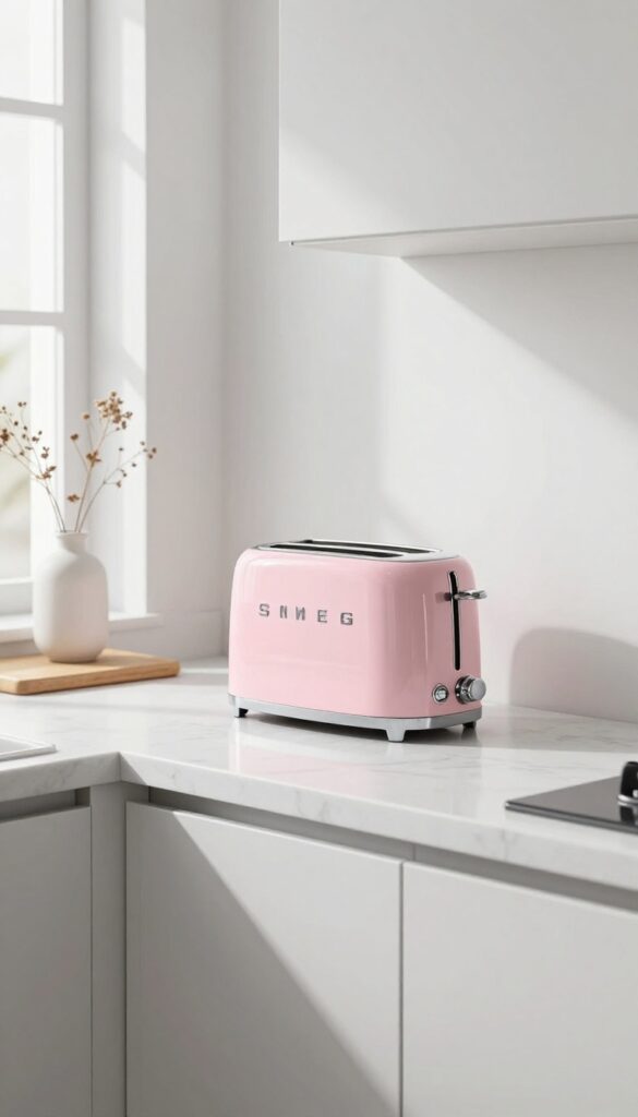 Monochrome kitchen with white cabinets and gray countertops, featuring a pastel pink Smeg toaster as the only accent color.