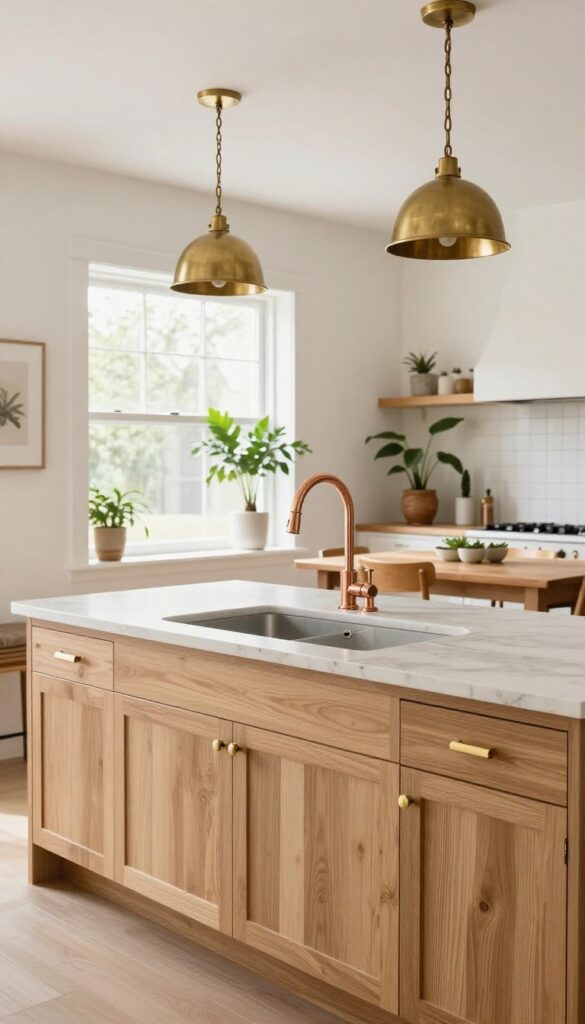 Bright kitchen with warm metallic fixtures including brass pulls and copper faucet, natural wood cabinets, and a dining area with aged brass pendant light.