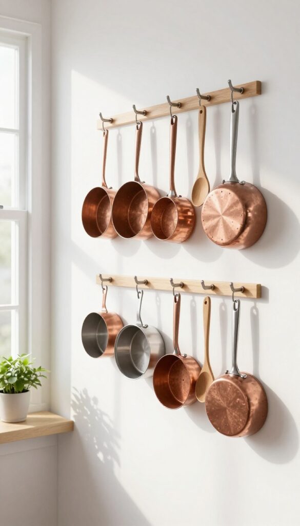 Warm terracotta pegboard in a small kitchen displaying hanging pots, pans, and utensils with natural light.