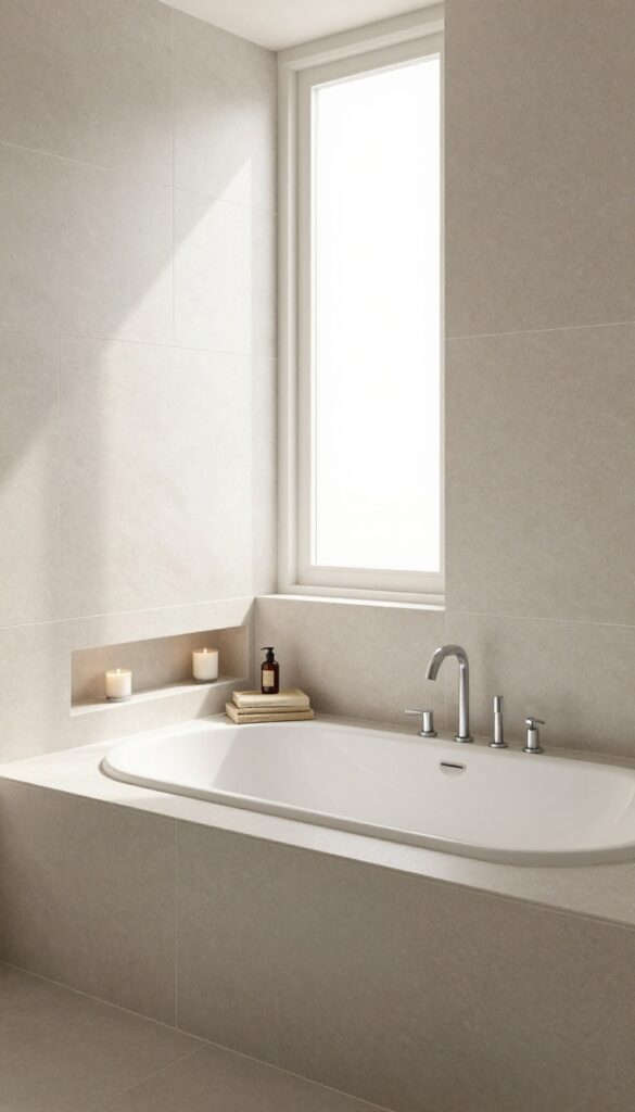 Built-in tub deck with recessed niches for storage in a modern bathroom