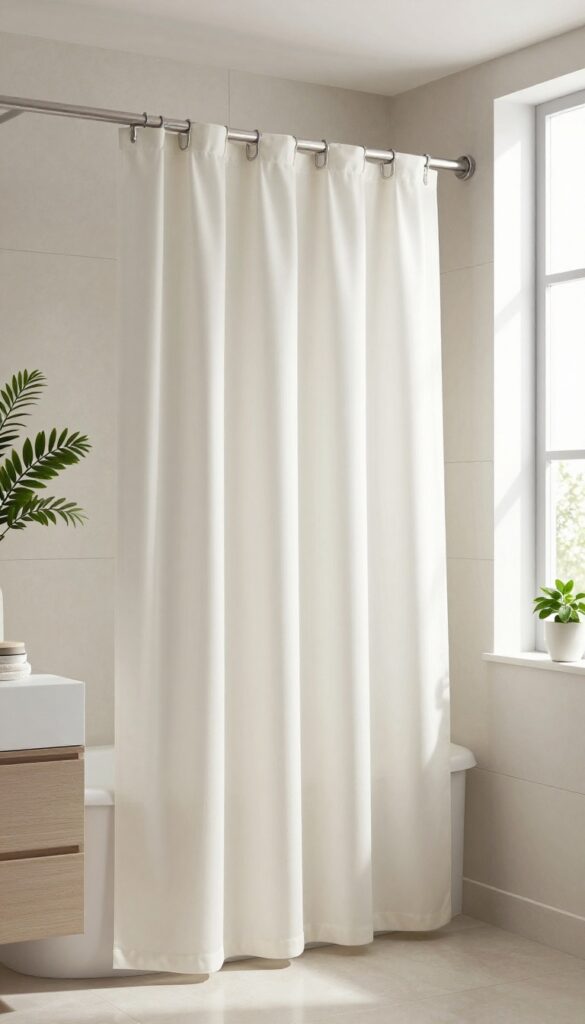 A well-chosen shower curtain in a modern bathroom, demonstrating how to avoid common mistakes by using proper length, solid colors, and wrinkle-free fabric to complement the space.