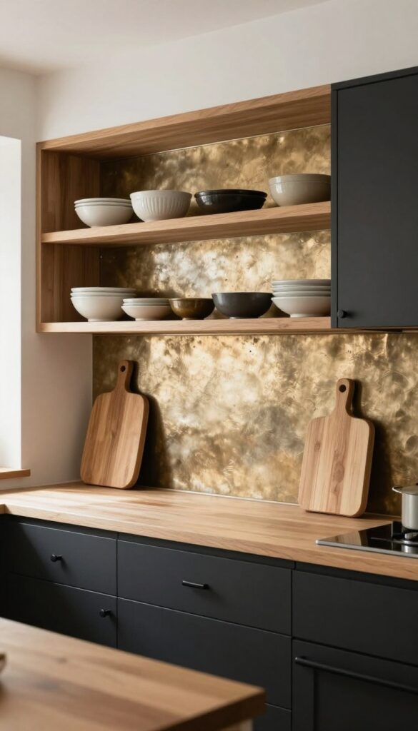 Kitchen with bronze tin backsplash panels, natural wood countertops, and open shelving
