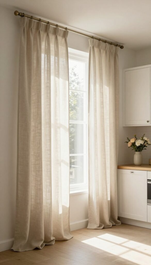Soft linen curtains in a warm neutral shade framing a kitchen window, letting in diffused natural light.