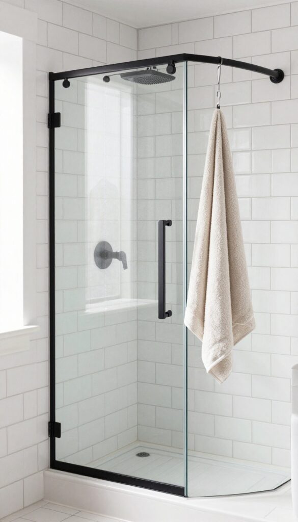White subway tile shower with dark grout in a master bathroom, showcasing modern contrast and clean design with matte black fixtures and clear glass door.