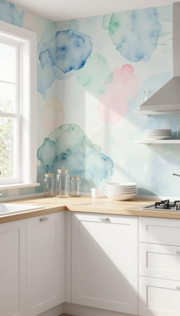 Kitchen with watercolor wallpaper in soft blues, pinks, and greens, natural light from window, white cabinets and light wood countertop