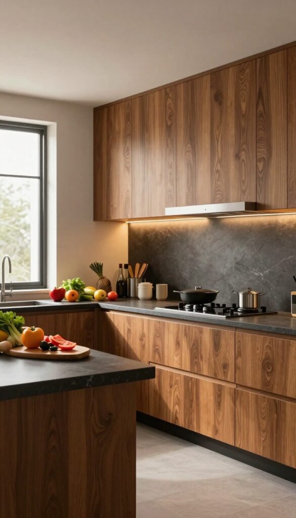 Under-cabinet LED task lighting illuminating a kitchen countertop with fresh vegetables being chopped
