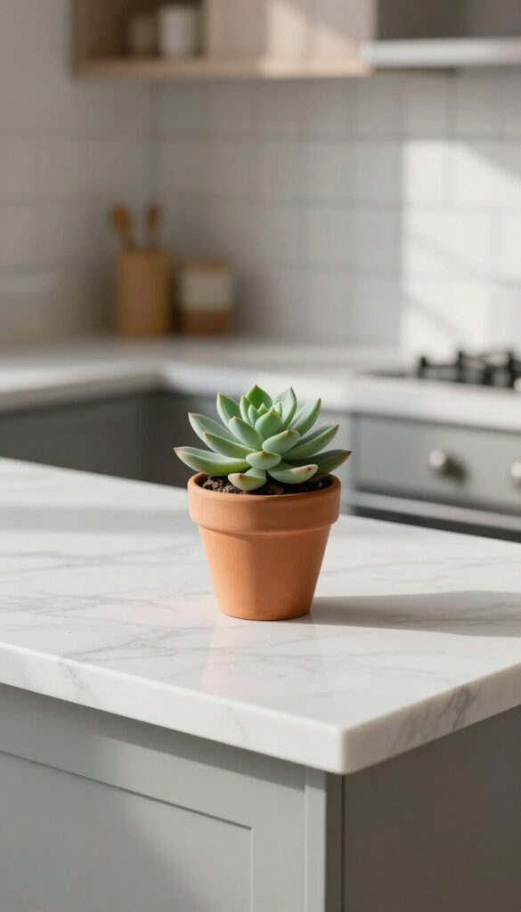 Miniature potted succulent on kitchen counter corner