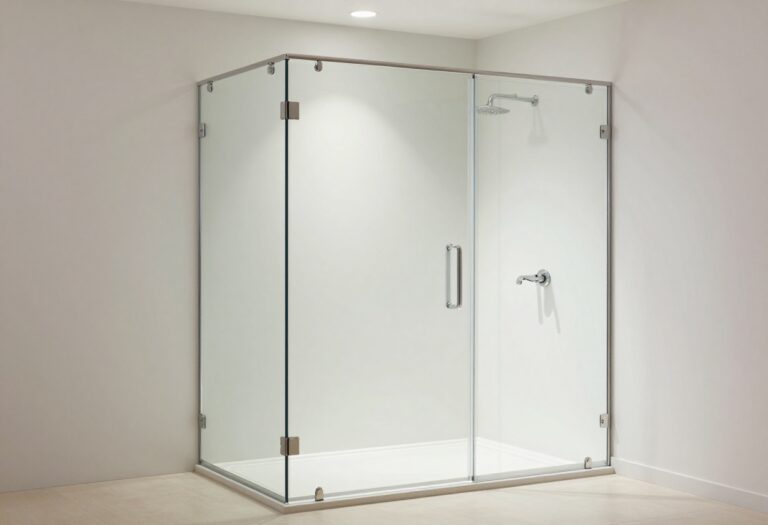 Modern bathroom with frameless glass shower enclosure, textured tiles, and natural lighting