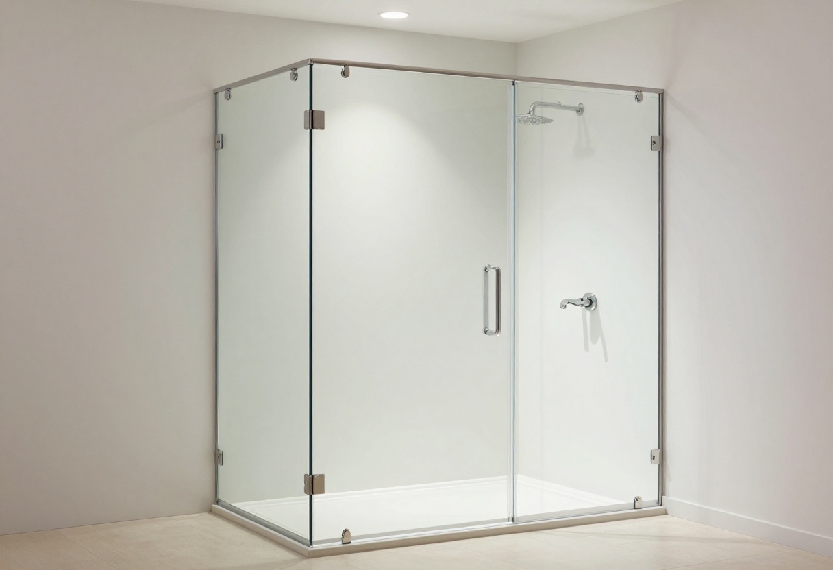 Modern bathroom with frameless glass shower enclosure, textured tiles, and natural lighting