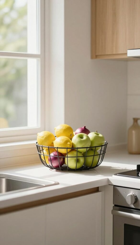 Hanging fruit basket from ceiling in small kitchen with natural light and colorful produce