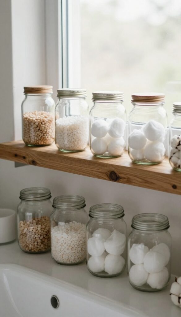 A collection of repurposed glass jars used as storage containers for bath salts and cotton balls on a rustic shelf in a bright off-grid bathroom.