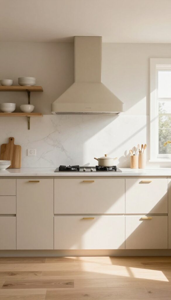 Bright beige kitchen with statement range hood in darker neutral tone as focal point