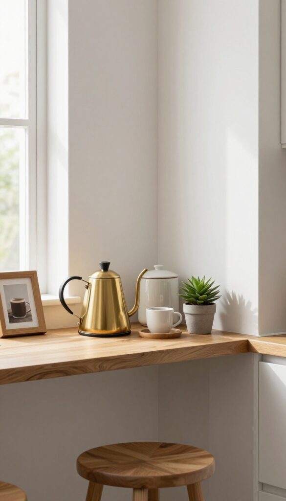 A cozy corner coffee station with wooden tray, brass kettle, ceramic canisters, and plant in a bright modern kitchen.