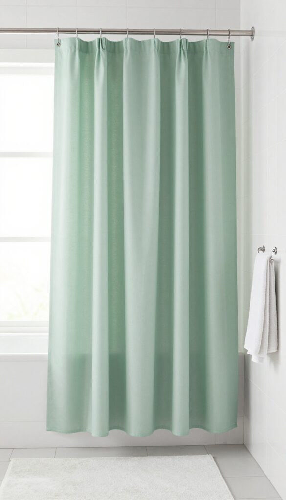 A modern bathroom with a color-blocked shower curtain in sage green and white blocks under bright natural light.