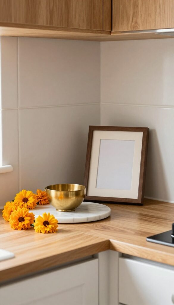 A minimal pooja shelf in an Indian kitchen with brass diya, marigold garland, and framed image.