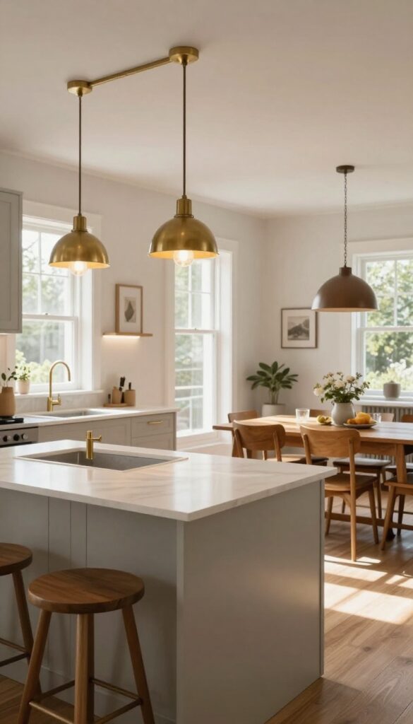 Open-concept kitchen and dining room with layered lighting: pendant lights over island, under-cabinet strips, and a dimmable chandelier above dining table.