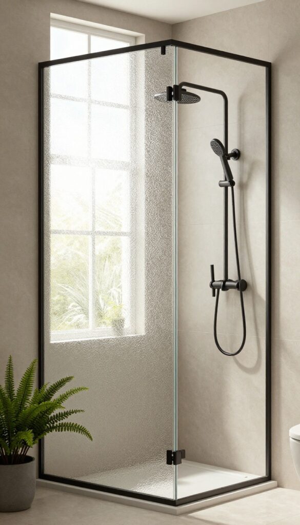Textured glass shower partition in a bright, modern bathroom with natural light and plants