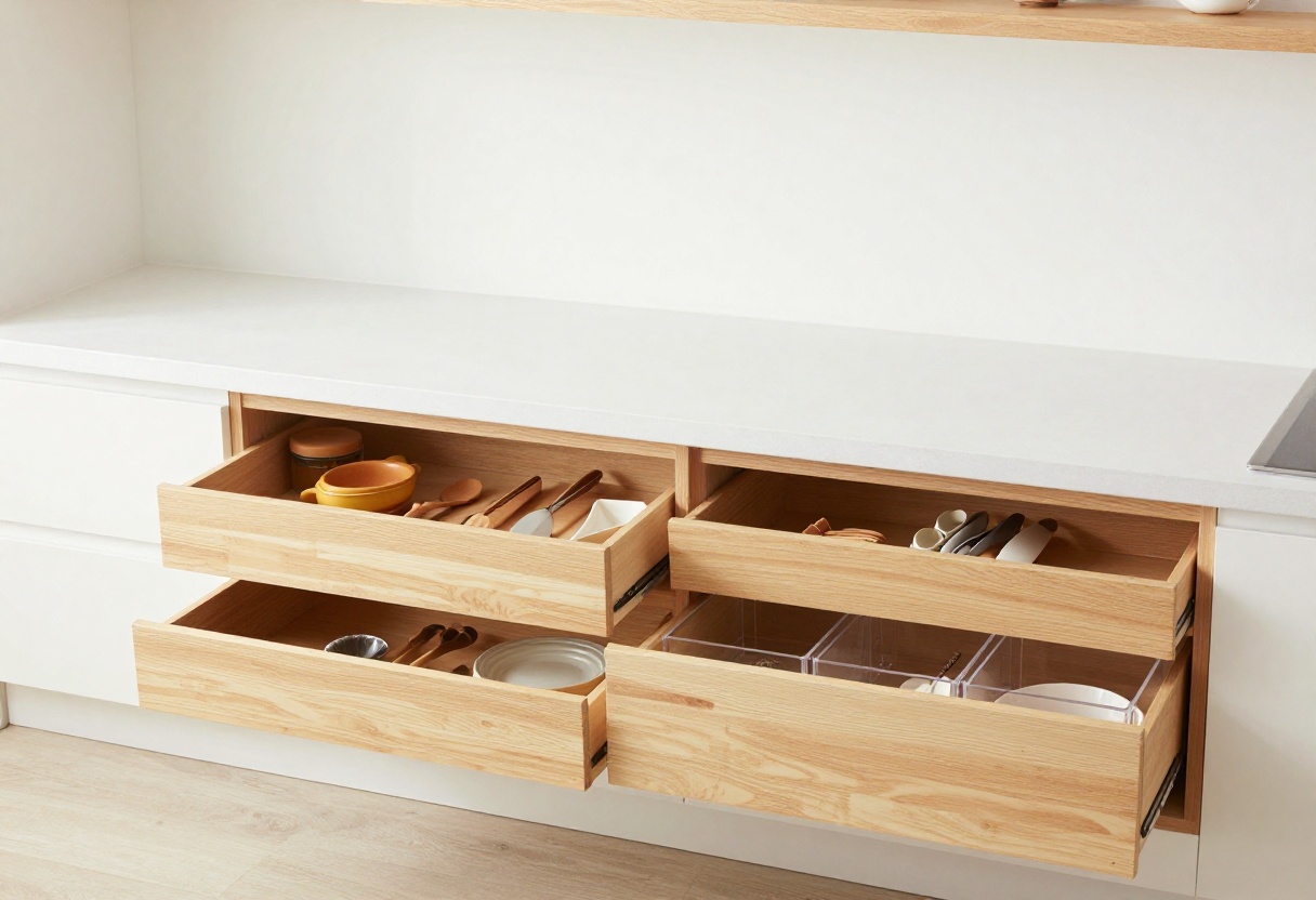 Organized kitchen drawers with bamboo dividers and clear bins