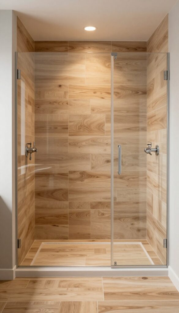 Walk-in shower with wood-look porcelain tiles for warmth and durability in a bright, natural light setting.