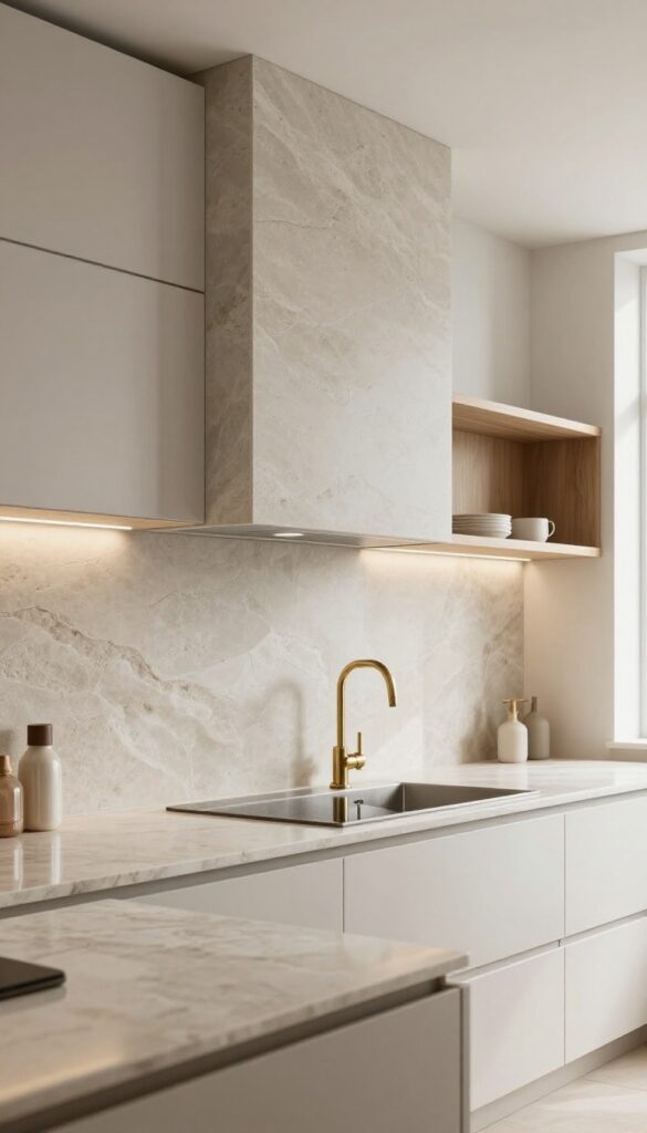 Vertical stacked stone kitchen splashback with linear texture, neutral tones, and warm wood shelving.
