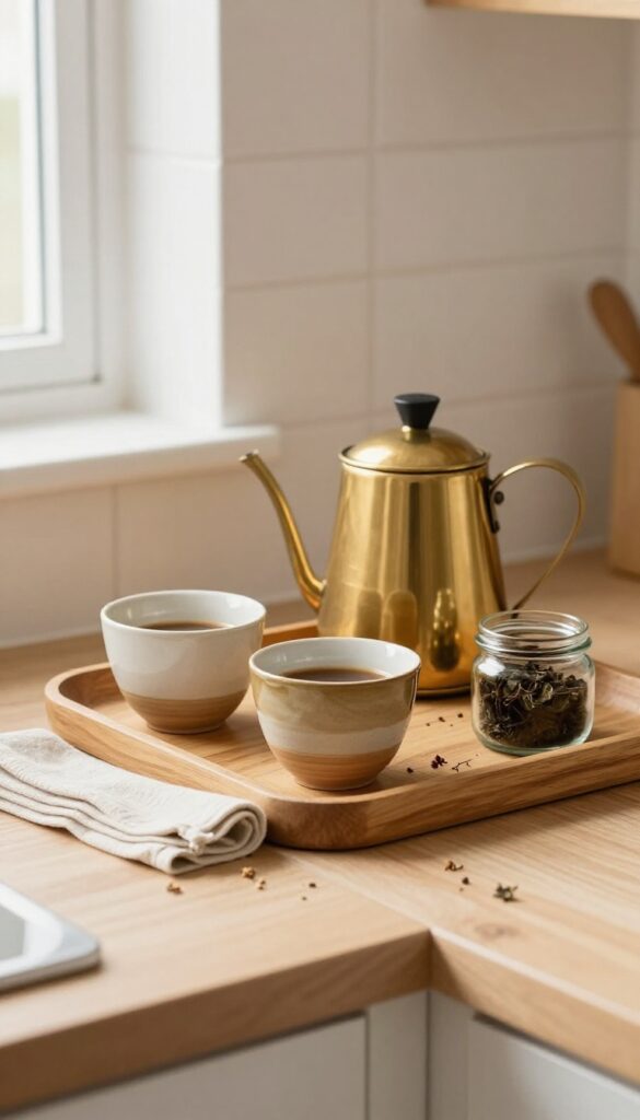 Cozy chai corner with brass kettle and ceramic cups on wooden tray