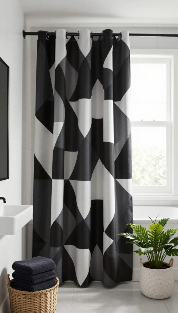 A monochrome geometric patterned extra long shower curtain in a bright, modern bathroom with natural light and minimalist decor.