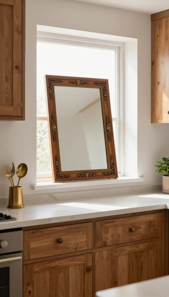 Small framed mirror with carved wood and brass detailing reflecting natural light in a compact Indian kitchen