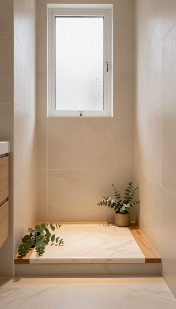 Heated stone shower seat in a warm, spa-like bathroom with marble surface and eucalyptus.