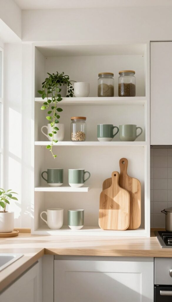 Open shelving in a bright kitchen with curated ceramic mugs, glass jars, and wooden cutting boards