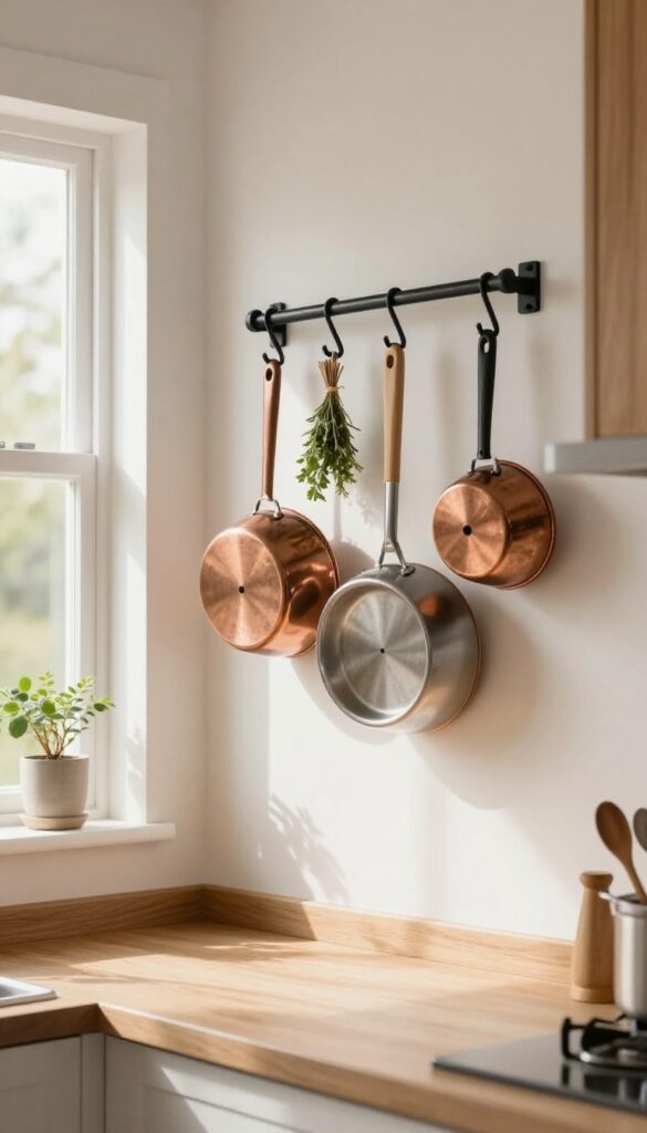 Wall-mounted pot rack with hooks holding copper and stainless steel cookware in a bright kitchen