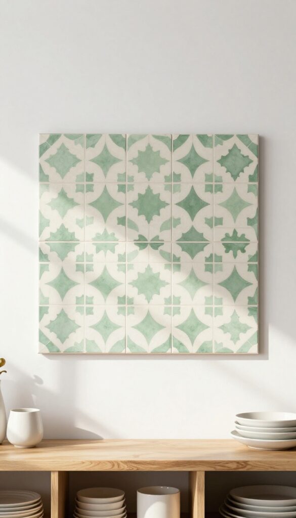 Stenciled tile effect backsplash in sage green and cream geometric pattern with wood shelf and brass accents